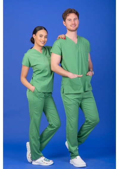 Tek Üst Unisex Kalıp Fıstık Yeşili Likralı Hemşire / Doktor Forması Scrubs Yeşil