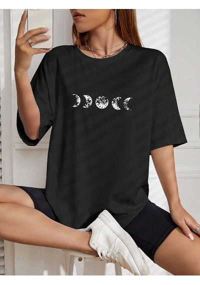 Moon Phase T-shirt - Siyah Baskılı Oversize Bisiklet Yaka Kısa Kol SIYAH