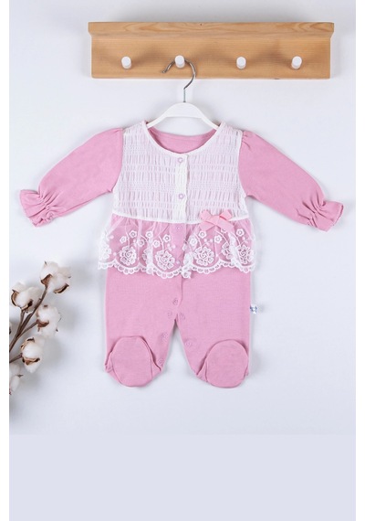 Veraura Lifestyle Gofralı Fransız Güpürlü % 100 Pamuk Kız Bebek Tulumu Pembe