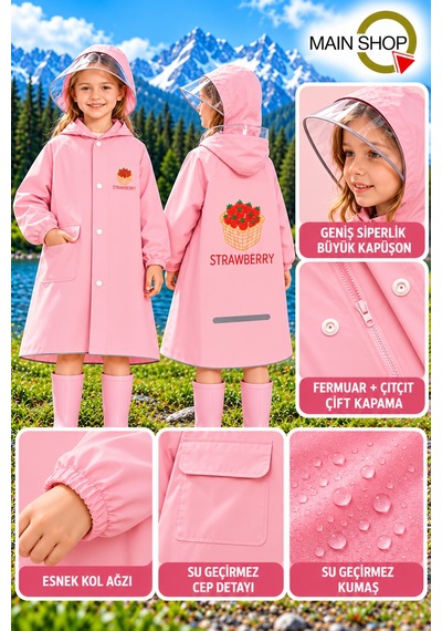 Mainshop Şeffaf Siperlikli Çıtçıtlı Ve Fermuarlı Taşıma Çantalı 4 Renk Çocuk Yağmurluk 9-10 Yaş L - Xl Pembe