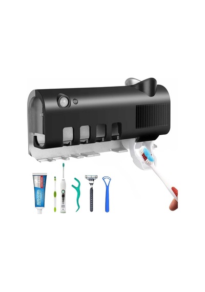 Otomatik Diş Macunu Sıkıcı, Uv Sterilizasyonlu, Çoklu Fırça Tutucu, Şarjlı Ve Solarlı , Kurulu Siyah