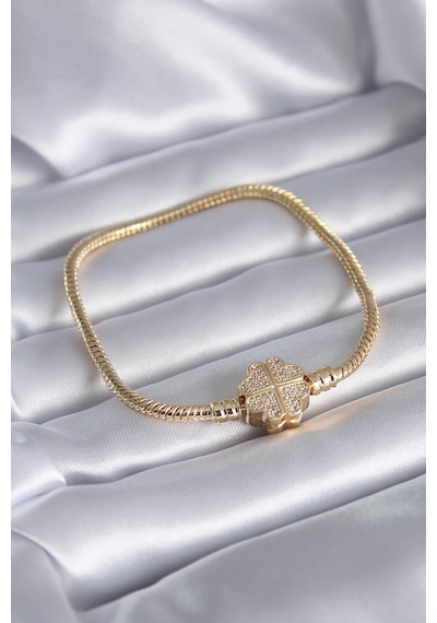 Gold Renk Zirkon Taşlı Yonca Charm Model Pirinç Kadın Bileklik Çok Renkli