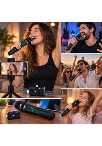 İphone 17 Pro Max Uyumlu Profesyonel Kablosuz Karaoke Ve Canlı Yayın Mikrofonu Ses Efektli, Tak & Çalıştır