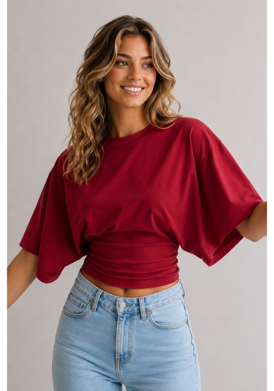 Overmax Bele Oturan Oversize Kollu Premium Crop Bluz Kırmızı - 880759104 Kırmızı