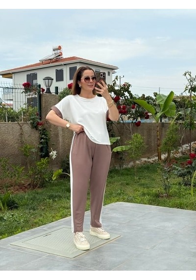 Modi Kadın Modal Dokulu Kumaş Yanı Şeritli Takım Kahve