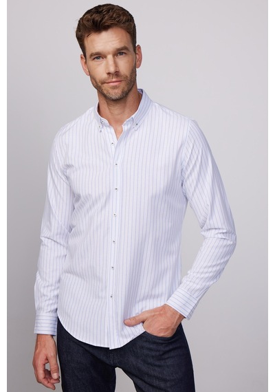 Tudors Slim Fit Uzun Kollu Çizgili Yaka Düğmeli Erkek Gömlek-28526 Çok Renkli