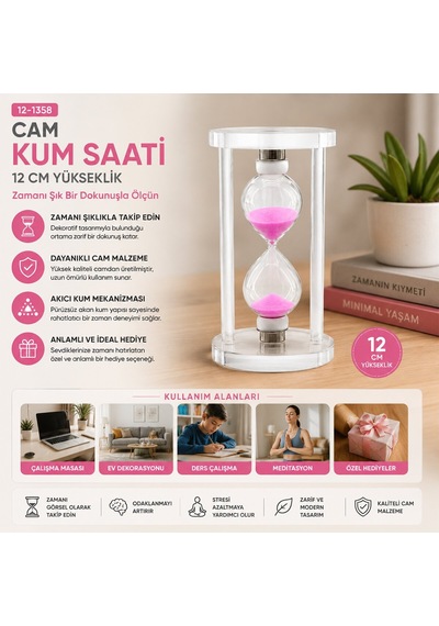 İbico İ12-255 Fys-002 Orta Boy Cam Kum Saati - Cam Standlı, 6.8 Cm Çap, 12 Cm Yükseklik Diğer