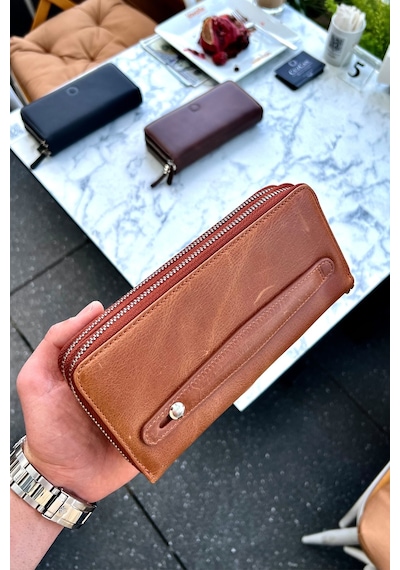 Tigan Unisex Antik Taba Çift Fermuarlı Hakiki Deri Telefon Cüzdanı El Çantası Taba