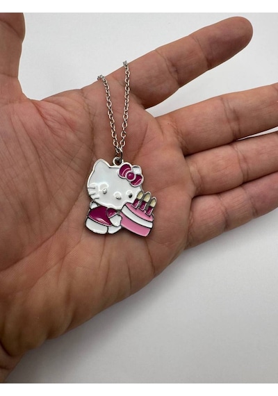 Hello Kitty Doğum Günü Pasta Figürlü Kolye 60 Cm Zincirli Sevimli Ve Renkli Takı Çok renkli