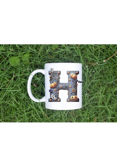 H Baş Harf Cadılar Bayramı Konsept Kupa Bardak - Halloween Hediye - Bal Kabağı Hayalet Örümcek Ağı Beyaz