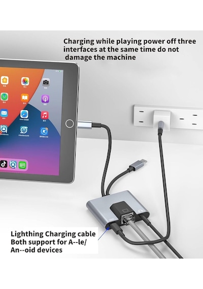3 İn 1 Lightning & Type-c Ethernet Adaptörü Rj45, Aux, Şarj Desteği