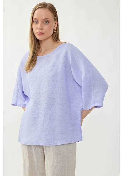 Vitrin %100 Keten Geniş Yaka Oversize Kısa Kol Bluz LİLA