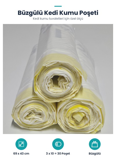 Büzgülü Çöp Torbası - 69cmx43cm - Kedi Kumu Poşeti 3x10 Toplam 30 Poşet