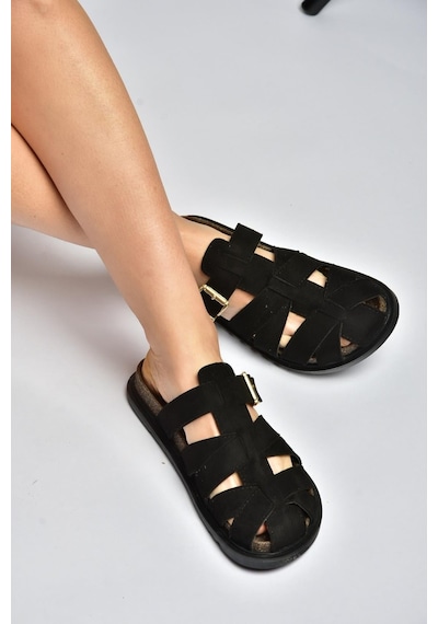 Fox Shoes Y596549502 Siyah Süet Tokalı Önü Kapalı Kadın Terlik