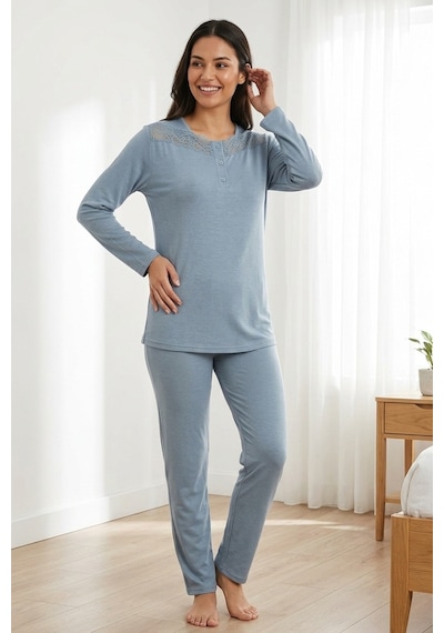 Aura Collections Kadın Dantelli Bambu Viskon Uzun Kollu Mevsimlik Soft Örme Pijama Takımı Turkuaz