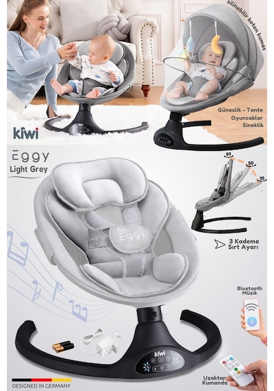 Kiwi Eggy Plus Elektrikli Otomatik Sallanan Bebek Ana Kucağı, 5 Farklı Sallanma Hızı, Oyuncaklı, Açık Gri