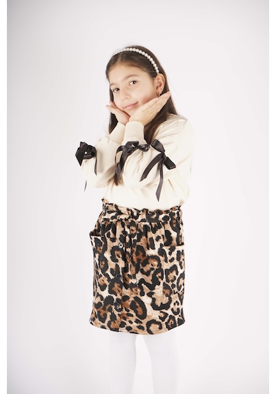 Miniko Kids Kız Çocuk Leopar Cep Model Etekli Kol Detaylı Takım Ekru