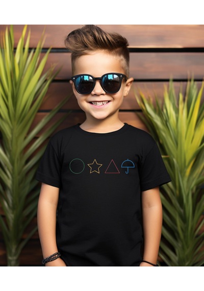 Aselinda Squid Game Şemsiye Yıldız Daire Baskılı Bisiklet Yaka Beyaz Tişört/t-shirt- Tek Adet Fiyatıdır Siyah