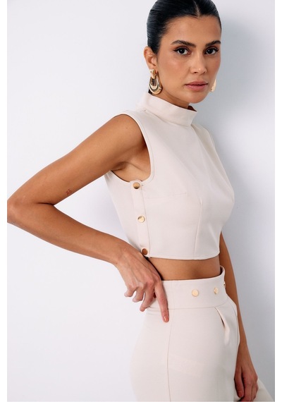 Sateen Çıt Çıt Detaylı Crop Bluz - Bej