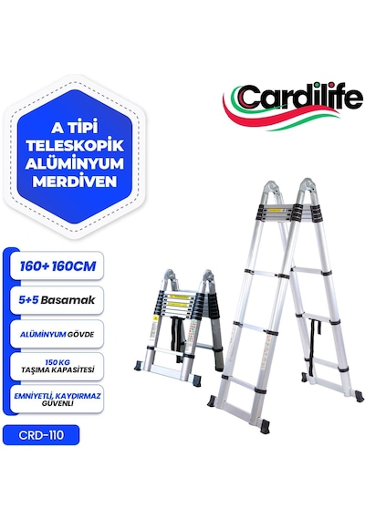 Cardilife 160 Cm+160cm 5+5 Basamaklı A Tipi Açılır Tip Alüminyum Teleskopik Merdiven 5+5
