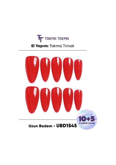 15'li Kırmızı Uzun Badem Ubd1545 Tekrar Kullanılabilir El Yapımı Protez Takma Tırnak S