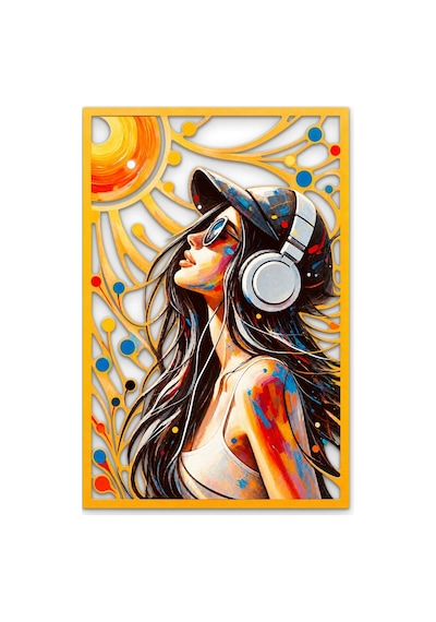 Kulaklıklı Güneşe Bakan Kadın Metal Tablo 33x50 Cm Çok Renkli