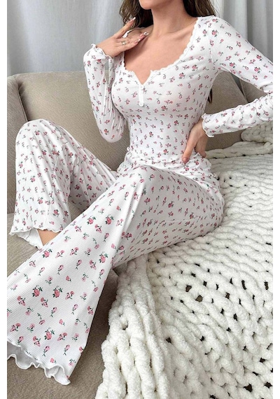 Merry See Çiçek Desenli Uzun Kollu Pijama Takımı Beyaz