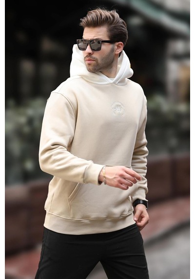 Madmext Bej Kapüşonlu Renk Bloklu Nakış Detaylı Erkek Sweatshirt 7088 Bej