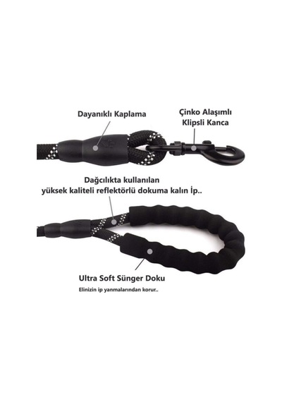 Köpekler İçin Gezdirme Tasması Reflektörlü 130 Cm Halat Orta Ve Büyük Boy Köpekler İçin Siyah Çok Renkli
