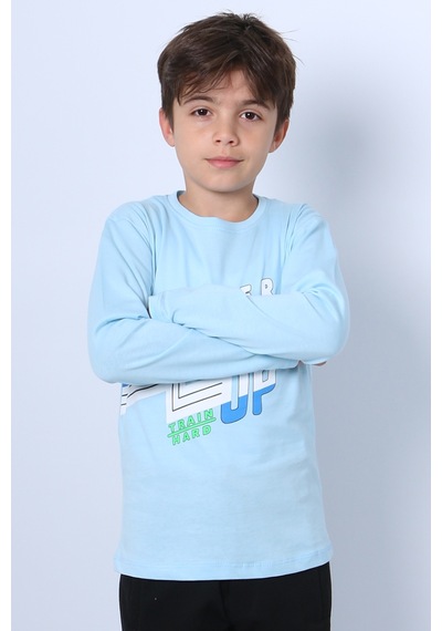 Hçm Erkek Çocuk Uzun Kollu Tshirt Never Give Up Baskılı Bisiklet Yaka D10 Turkuaz
