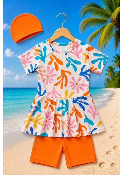 My Kids Wear Kız Çocuk Desenli Şortlu Bone Li Mayo Takımı 12873 Beyaz - Turuncu