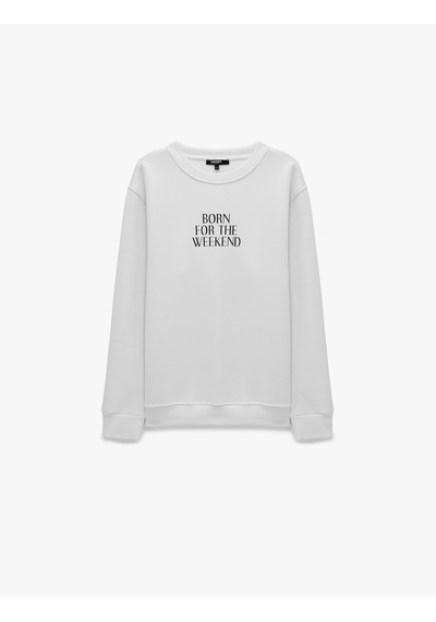 Koton Üç İplik Şardonlu Regular Fit Baskılı Bisiklet Yaka Uzun Kollu Sweatshirt Beyaz 7wam70184mk