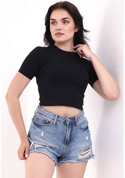 Winmoda34 Kadın Kısa T-shirt Krop Siyah