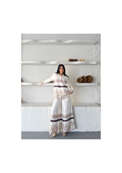 Wellway İthal Chokella Kumaş Çiçekli Tunik Gömlek & Pantolon 2li Takım-bej -26107 Bej