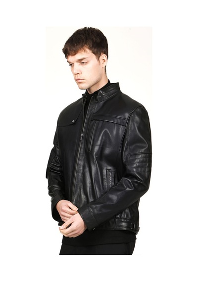 Dericlub Arthur Erkek Dik Yaka Slim Fit Gerçek Deri Mont Siyah Siyah