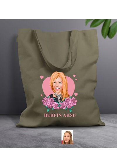 Bk Gift Kişiye Özel Anneler Günü Karikatürlü Haki Kumaş Bez Çanta, Baskılı Omuz Çantası, Alışveriş Çantası, Anneye Hediye-2 Haki