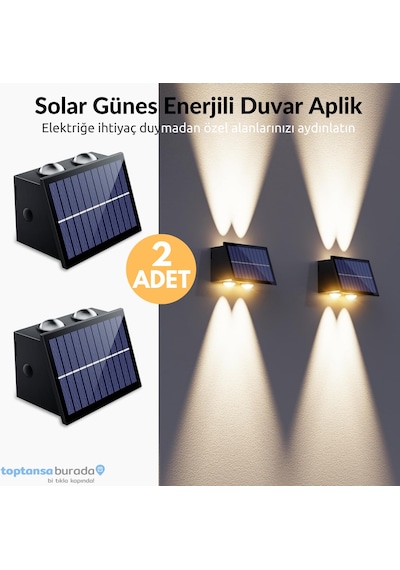 Technosmart 2adet Güneş Enerjili Çift Taraflı 4 Ledli Aplik Sarı Işık Duvar Lambası Bahçe Aydınlatma