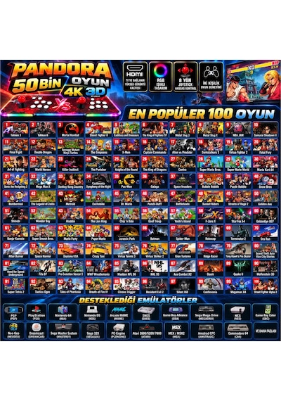 Schitec Pandora 50.000 Oyunlu 4k 3d Rgb Işıklı Çift Kişilik Arcade Oyun Konsolu