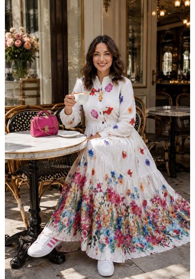 Hb Harma Time Butik Kadın Düğmeli Çiçek Desenli Modal Beyaz Elbise Beyaz Beyaz