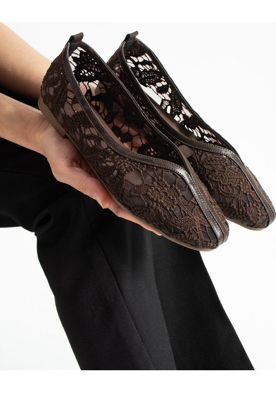 Dabab Shoes Florıa Dantel Kadın Acı Kahve Düz Babet Dantel Dokuma Çiçek Desenli Zarif Günlük Ayakkabı Kahverengi
