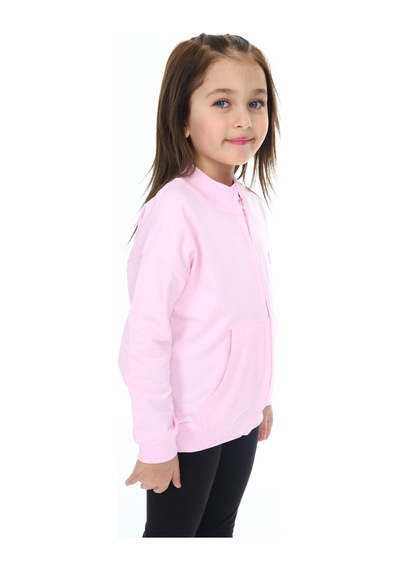 Toontoy Kız Çocuk Lila Dik Yaka Fermuarlı Düşük Omuz Cepli Nakış Baskılı Örme Hırka - 2 İplik Şardonlu Pembe
