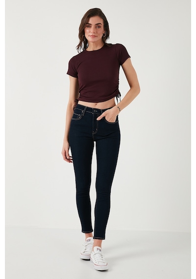 Lela Yanlardan Büzgülü Kısa Kollu Crop Bayan Bluz 5864010 Vişne