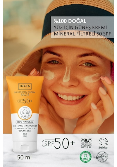 INCIA %100 Doğal Yüz Güneş Kremi Leke Karşıtı Mineral Filtreli Yüksek Koruma SPF 50+ UVA UVB 50 ML