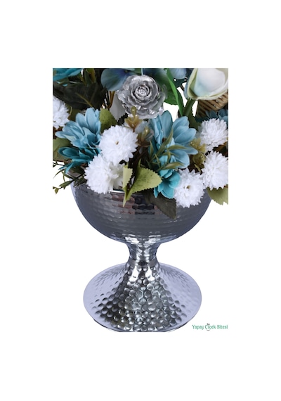 Yapay Çiçek Sitesi Metal Saksıda Şık Mavi Beyaz Aranjman 45cm Mavi-beyaz