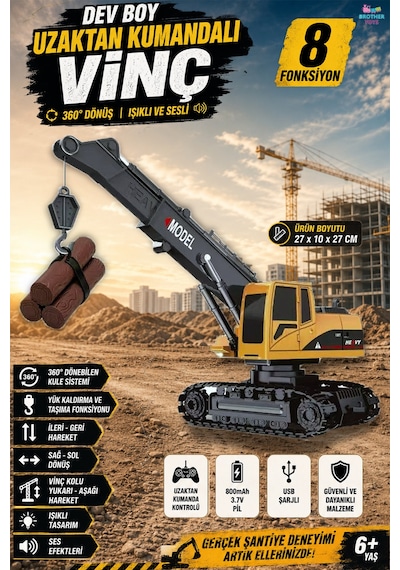 Uzaktan Kumandalı 8 Fonksiyon Şarjlı 640 Derece Dönebilen Vinç Oyuncak İş Makinesi 27 Cm. Toycraft 8 Kanal