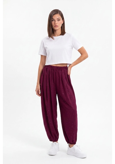 CEMO Beli Ve Paçası Lastikli Simli / Işıltılı Siyah Şalvar Pantolon Bordo