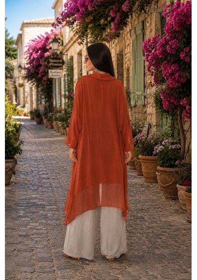 Eren Style Italyan Ipek Detaylı Oversize Kaftan & Bluz Kiremit