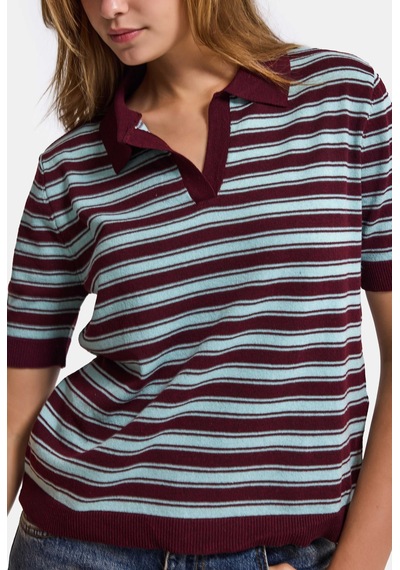 Kadın Bordo Çizgili W6-35 Oversize Polo Yaka Triko