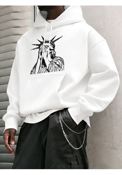 Startmore Tarzsokak Özgürlük Heykeli Desenli S-2xl Erkekler İçin Hip Hop Sonbahar Sweatshirtleri Cepli Polar Üstl Beyaz