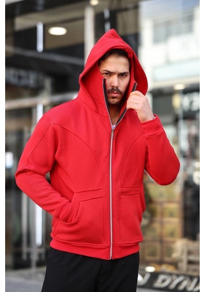 Erkek Maskeli Ninja Model Çift Kapüşonlu 3 İplik Şardonlu Fermuarlı Sweatshirt - Kırmızı